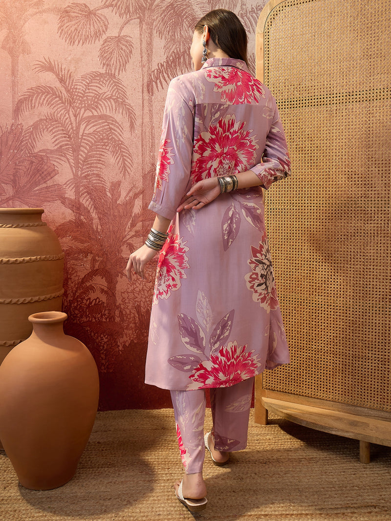 Floral Printed Shirt Collar  Pathani Kurta & Trousers Kurta Set