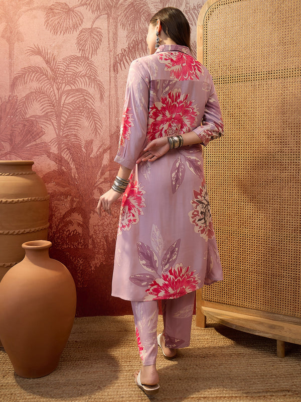 Floral Printed Shirt Collar  Pathani Kurta & Trousers Kurta Set