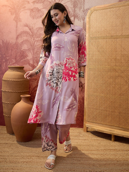 Floral Printed Shirt Collar  Pathani Kurta & Trousers Kurta Set