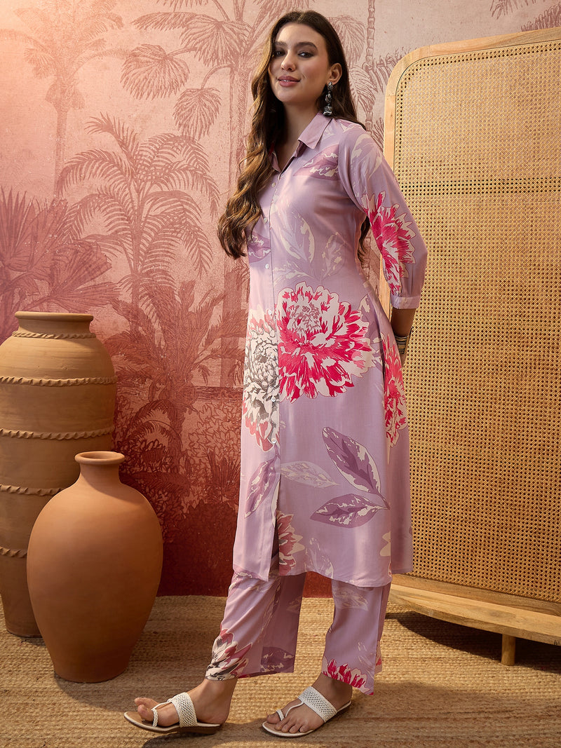 Floral Printed Shirt Collar  Pathani Kurta & Trousers Kurta Set