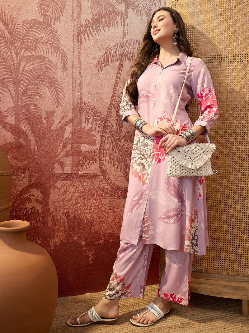 Floral Printed Shirt Collar  Pathani Kurta & Trousers Kurta Set