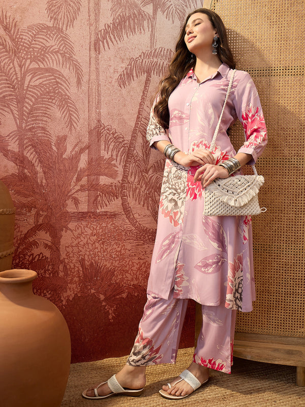 Black Floral Printed Shirt Collar  Pathani Kurta & Trousers Kurta Set