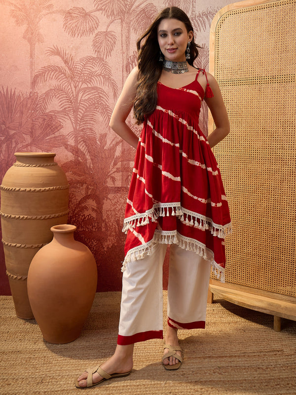 Rust Printed Shoulder Straps A-Line Kurta With Palazzo Kurta Set