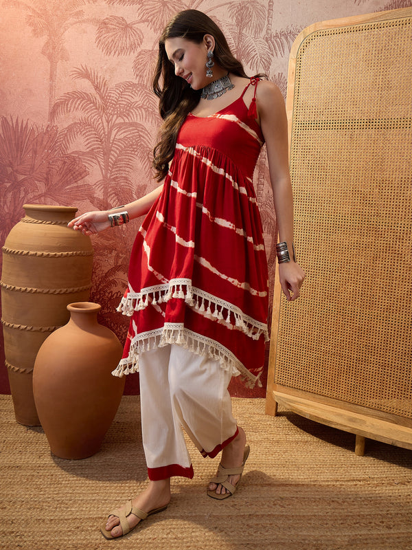 Rust Printed Shoulder Straps A-Line Kurta With Palazzo Kurta Set