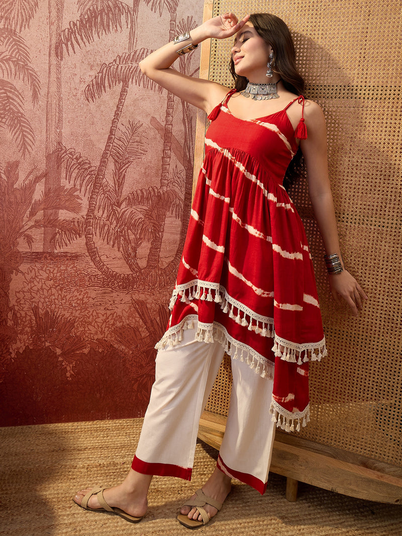 Rust Printed Shoulder Straps A-Line Kurta With Palazzo Kurta Set