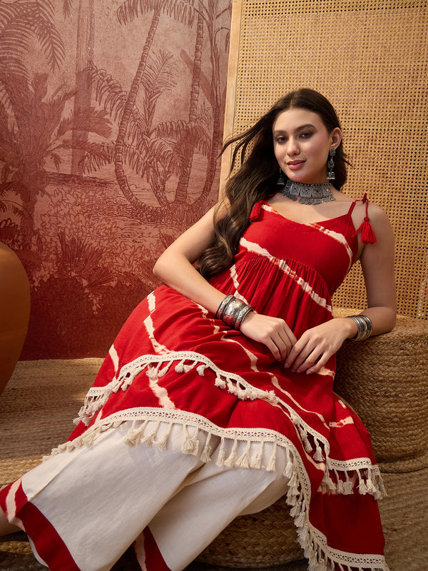 Rust Printed Shoulder Straps A-Line Kurta With Palazzo Kurta Set