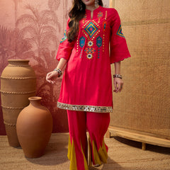 Fuchsia Embroidered Tunic With Sharara Co-Ords Set