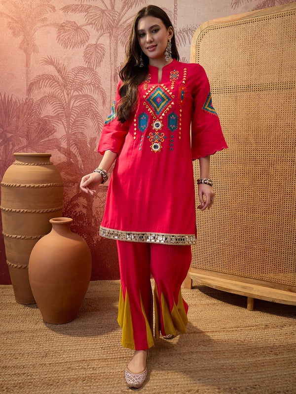 Fuchsia Embroidered Tunic With Sharara Co-Ords Set