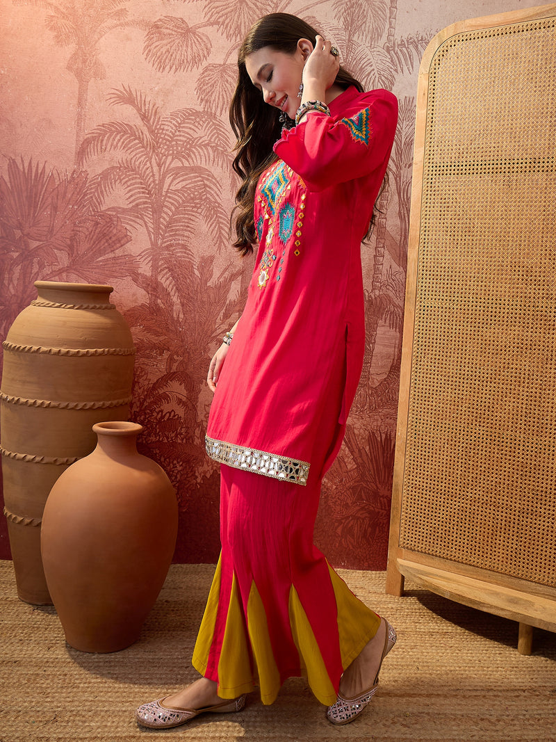 Fuchsia Embroidered Tunic With Sharara Co-Ords Set