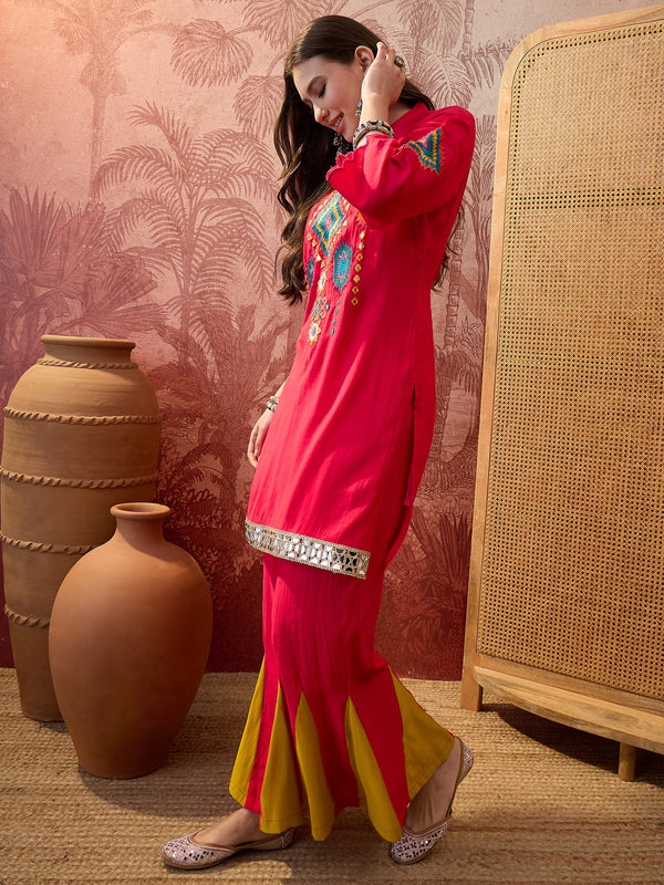 Fuchsia Embroidered Tunic With Sharara Co-Ords Set