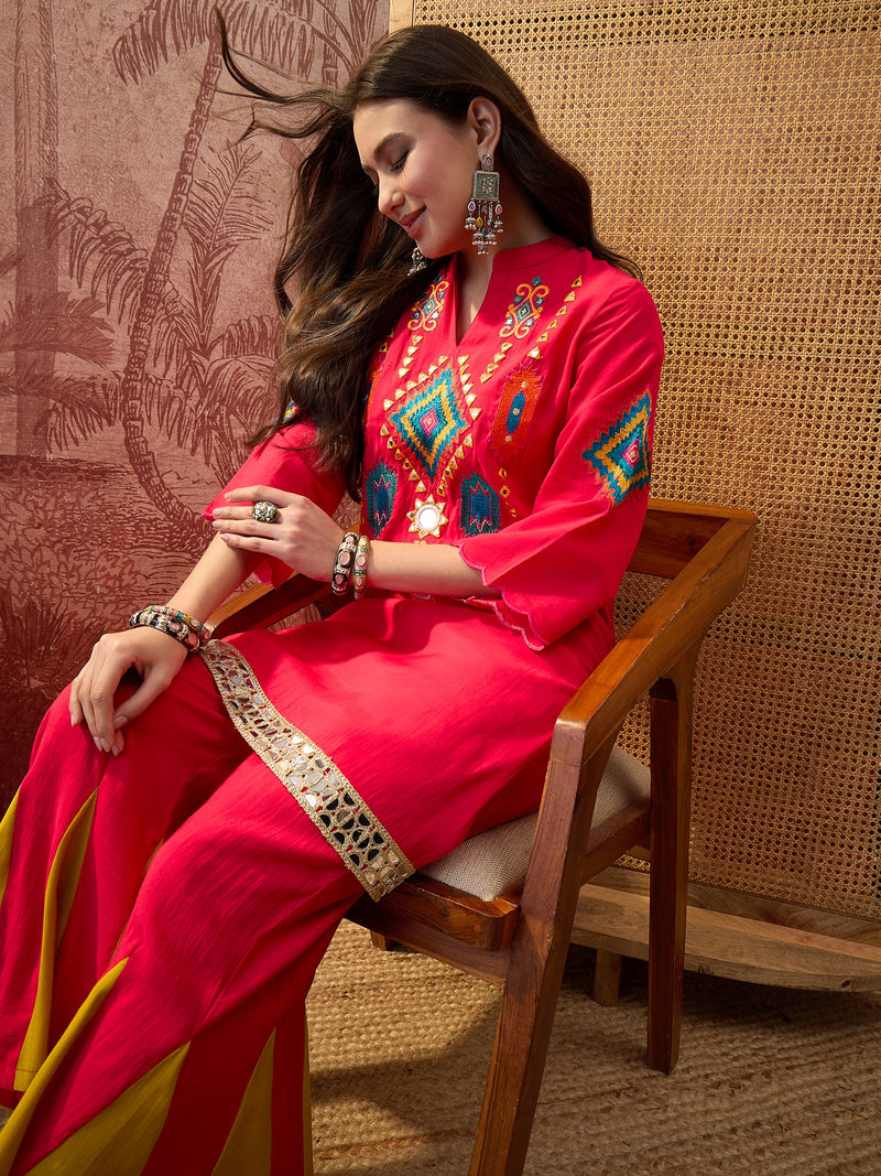 Fuchsia Embroidered Tunic With Sharara Co-Ords Set