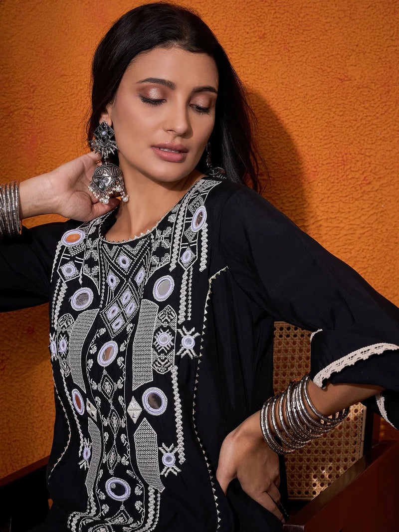 Floral Embroidered Regular Mirror Work A-Line Kurta with Palazzo