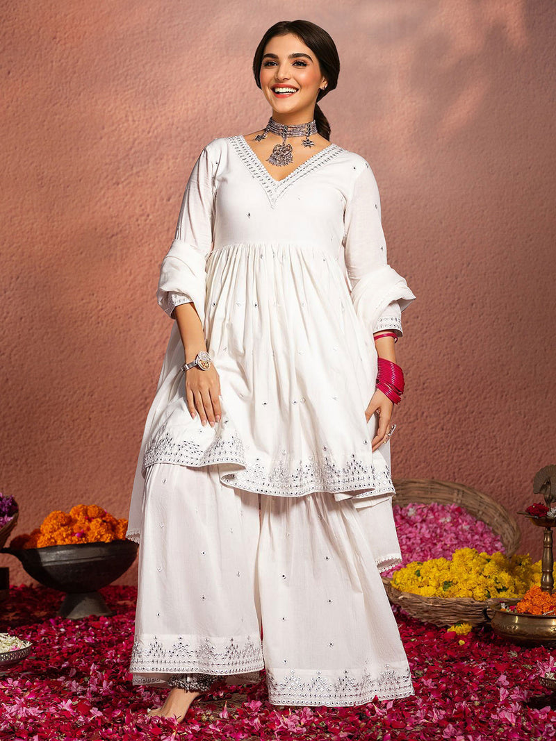 Ethnic Motifs Embroidered A-Line Mirror Work Pure Cotton Kurta With Sharara & Dupatta Set