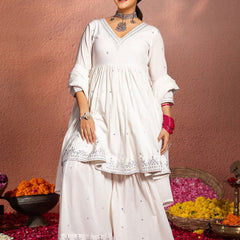 Ethnic Motifs Embroidered A-Line Mirror Work Pure Cotton Kurta With Sharara & Dupatta Set