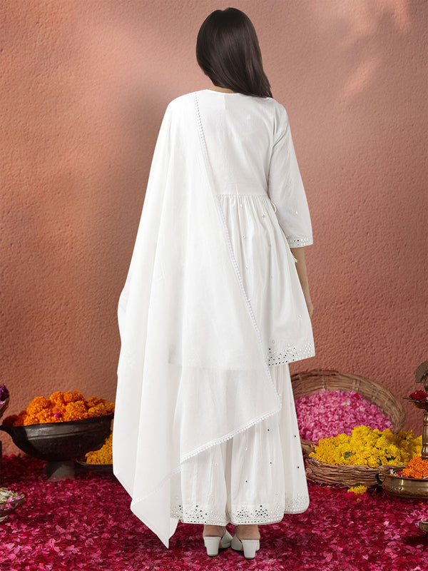 Ethnic Motifs Embroidered A-Line Mirror Work Pure Cotton Kurta With Sharara & Dupatta Set