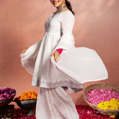 Ethnic Motifs Embroidered A-Line Mirror Work Pure Cotton Kurta With Sharara & Dupatta Set