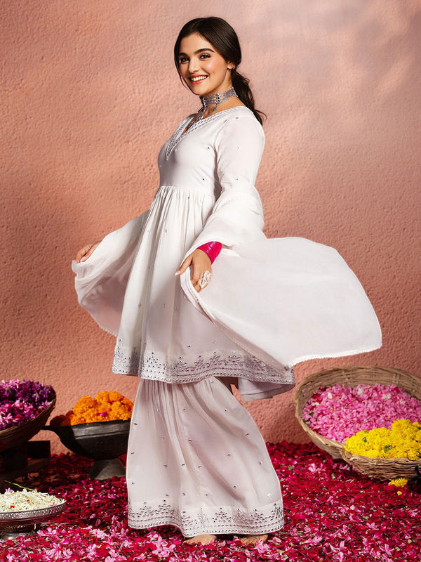 Ethnic Motifs Embroidered A-Line Mirror Work Pure Cotton Kurta With Sharara & Dupatta Set