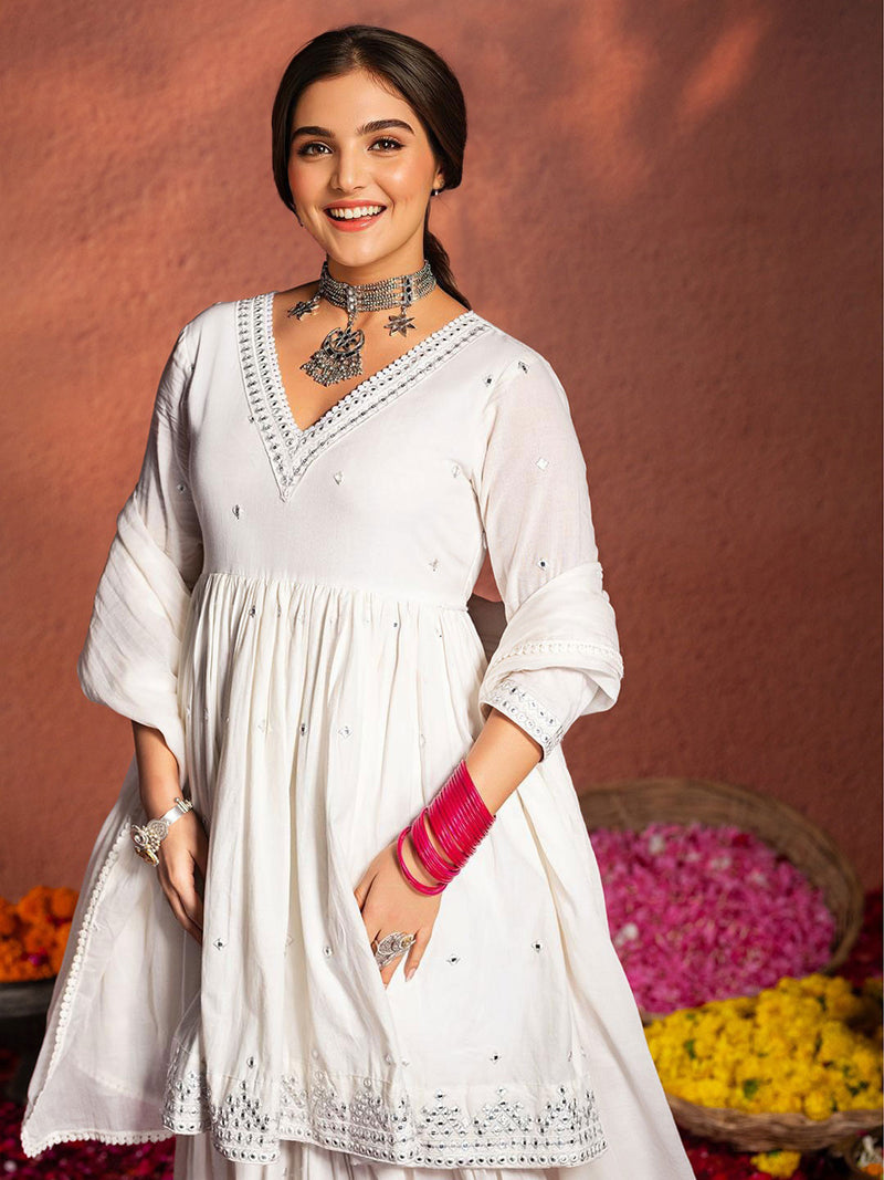 Ethnic Motifs Embroidered A-Line Mirror Work Pure Cotton Kurta With Sharara & Dupatta Set