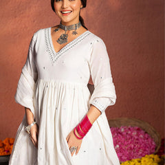 Ethnic Motifs Embroidered A-Line Mirror Work Pure Cotton Kurta With Sharara & Dupatta Set