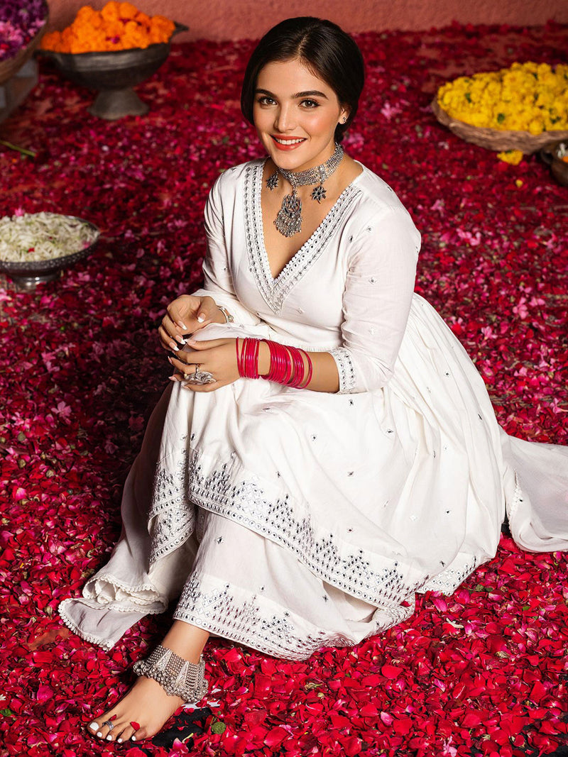Ethnic Motifs Embroidered A-Line Mirror Work Pure Cotton Kurta With Sharara & Dupatta Set