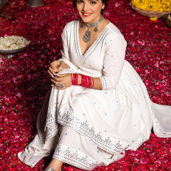 Ethnic Motifs Embroidered A-Line Mirror Work Pure Cotton Kurta With Sharara & Dupatta Set