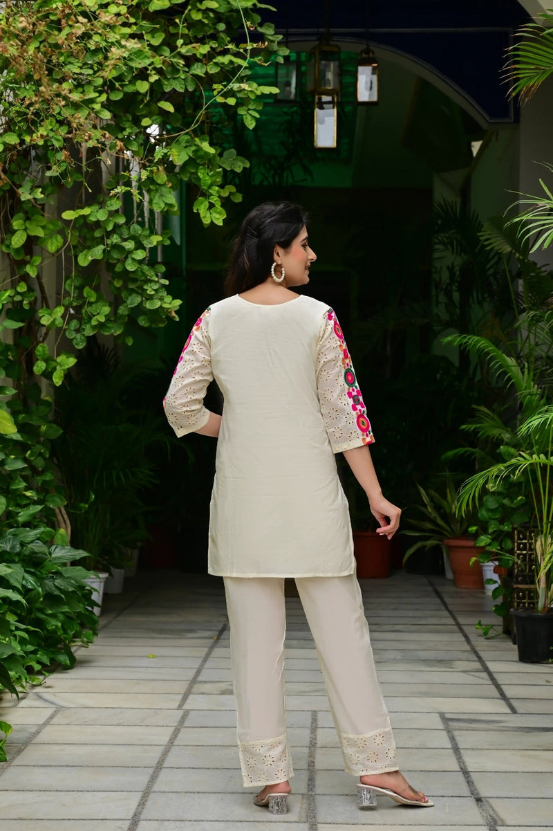 Abstract Embroidered Pure Cotton Top With Trouser Co-Ords