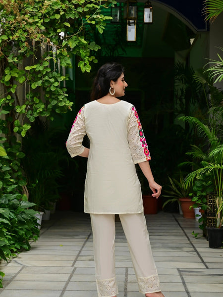Abstract Embroidered Pure Cotton Top With Trouser Co-Ords