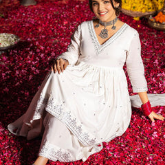 Ethnic Motifs Embroidered A-Line Mirror Work Pure Cotton Kurta With Sharara & Dupatta Set