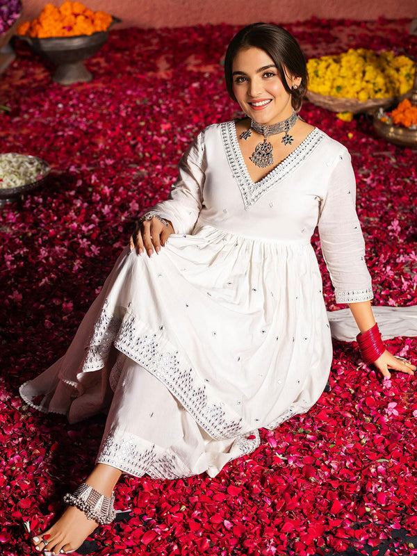 Ethnic Motifs Embroidered A-Line Mirror Work Pure Cotton Kurta With Sharara & Dupatta Set