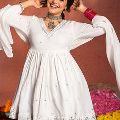 Ethnic Motifs Embroidered A-Line Mirror Work Pure Cotton Kurta With Sharara & Dupatta Set