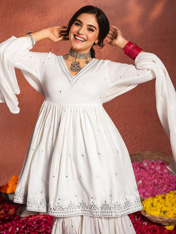 Ethnic Motifs Embroidered A-Line Mirror Work Pure Cotton Kurta With Sharara & Dupatta Set