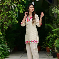 Abstract Embroidered Pure Cotton Top With Trouser Co-Ords