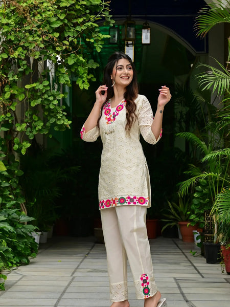 Abstract Embroidered Pure Cotton Top With Trouser Co-Ords
