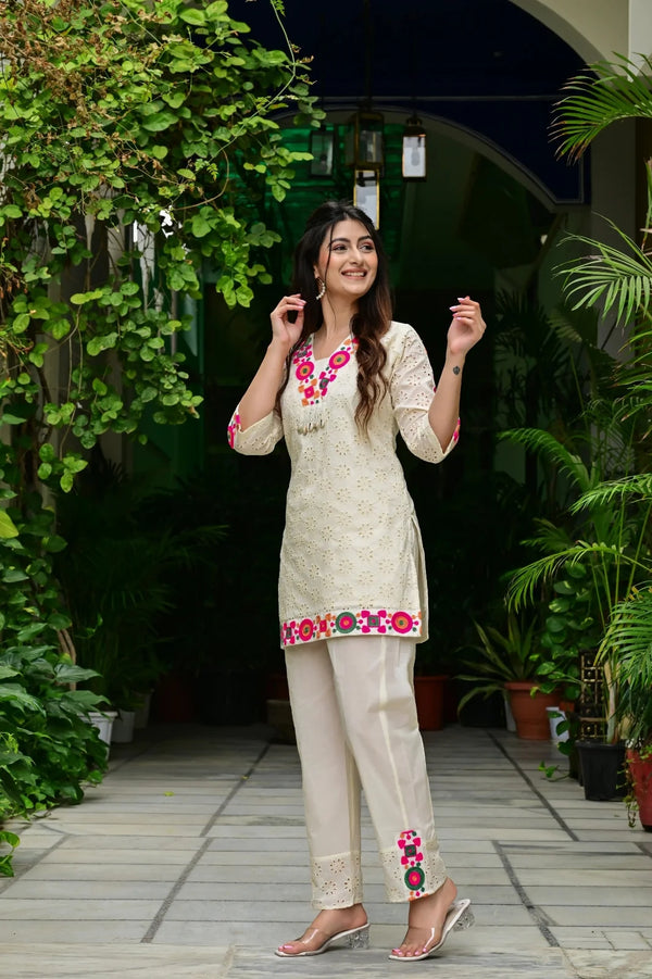 Abstract Embroidered Pure Cotton Top With Trouser Co-Ords
