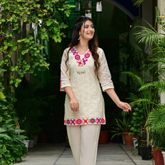 Abstract Embroidered Pure Cotton Top With Trouser Co-Ords