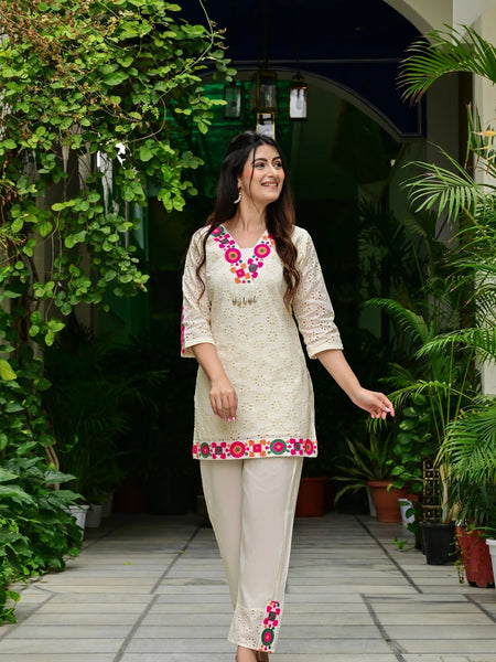 Abstract Embroidered Pure Cotton Top With Trouser Co-Ords