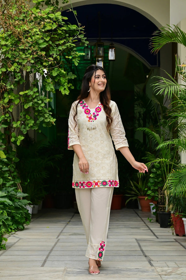 Abstract Embroidered Pure Cotton Top With Trouser Co-Ords