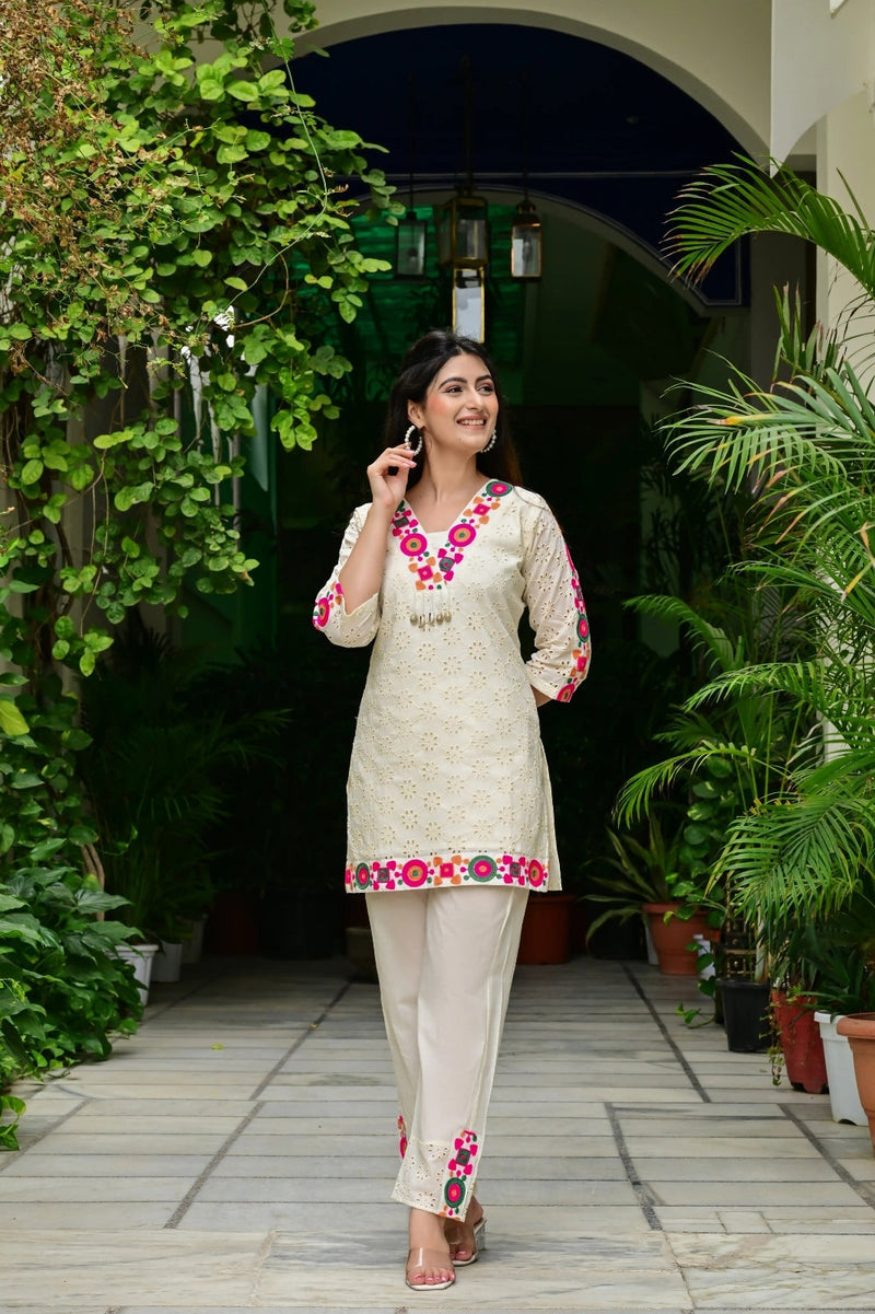 Abstract Embroidered Pure Cotton Top With Trouser Co-Ords