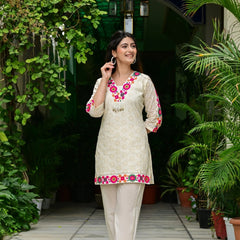 Abstract Embroidered Pure Cotton Top With Trouser Co-Ords