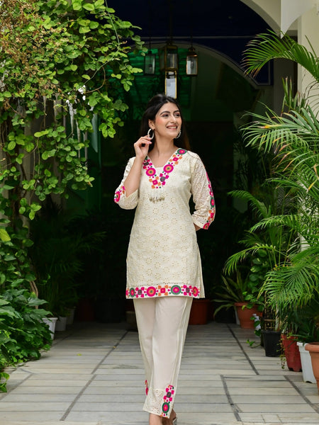 Abstract Embroidered Pure Cotton Top With Trouser Co-Ords