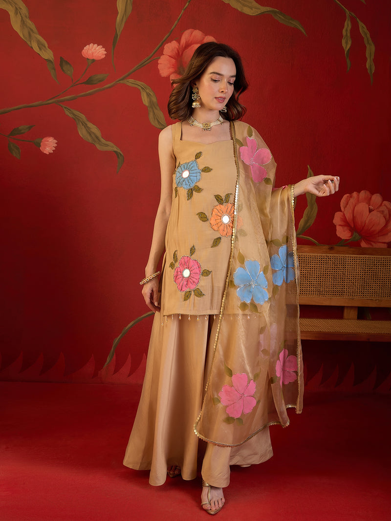 Beige Hand Block Print & Mirror Work Sholder Strap Kurta With Sharara & Dupatta