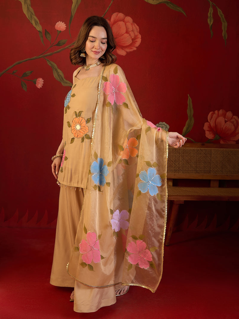 Beige Hand Block Print & Mirror Work Sholder Strap Kurta With Sharara & Dupatta
