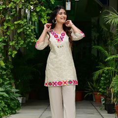 Abstract Embroidered Pure Cotton Top With Trouser Co-Ords