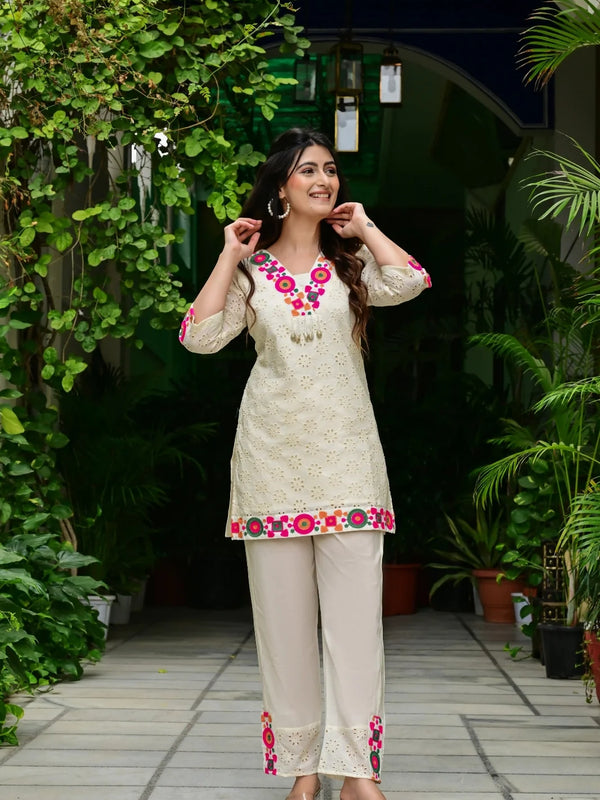 Abstract Embroidered Pure Cotton Top With Trouser Co-Ords