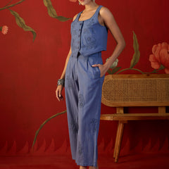 Blue Embroidered Crop Top With Palazzo Co-Ords Set