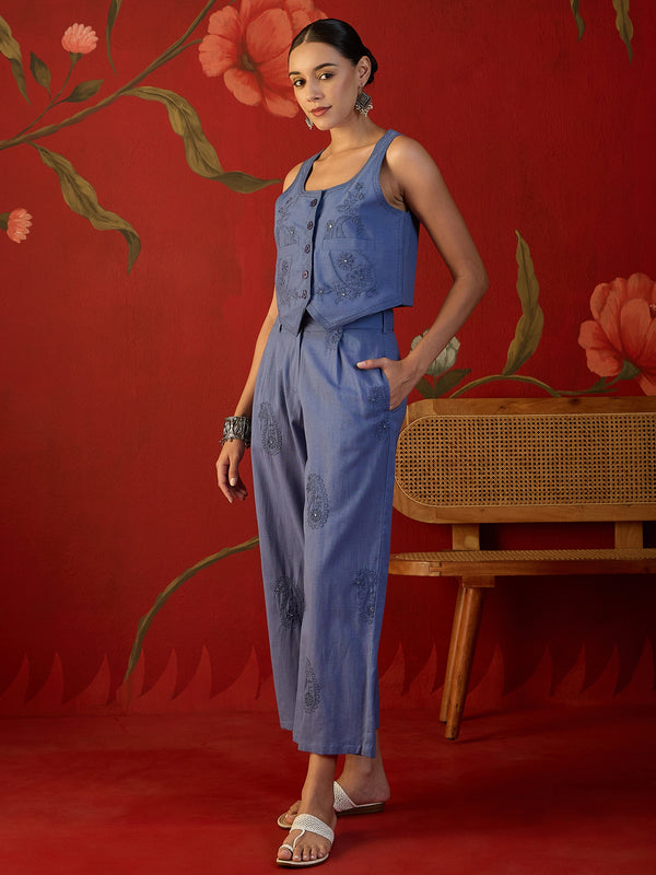 Blue Embroidered Crop Top With Palazzo Co-Ords Set