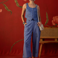 Blue Embroidered Crop Top With Palazzo Co-Ords Set