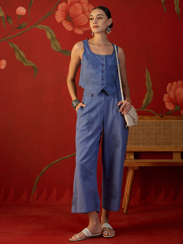 Blue Embroidered Crop Top With Palazzo Co-Ords Set