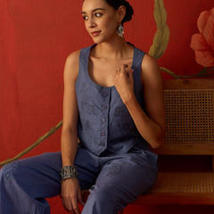 Blue Embroidered Crop Top With Palazzo Co-Ords Set