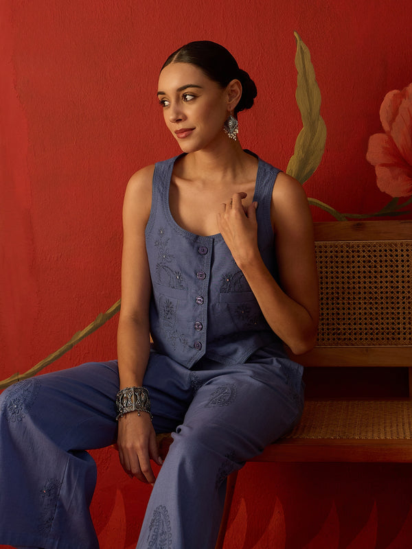 Blue Embroidered Crop Top With Palazzo Co-Ords Set